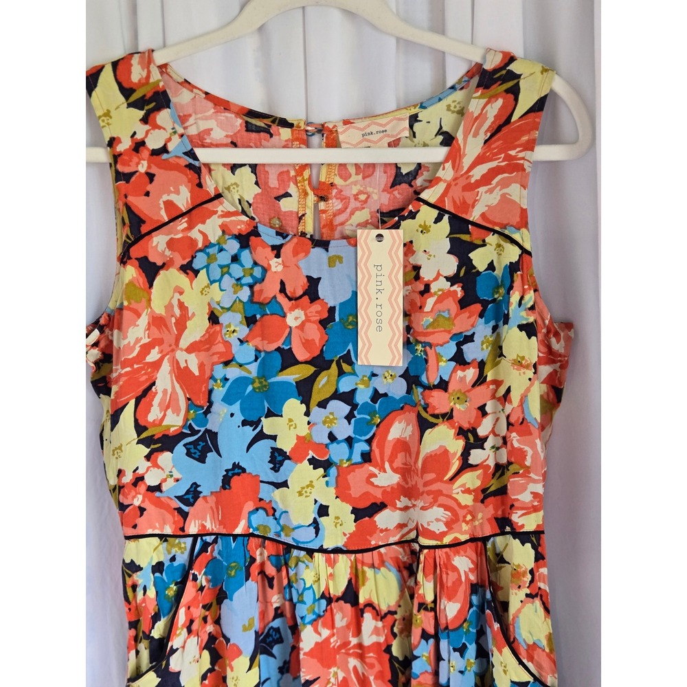 Pink Rose Floral Print Sleeveless Mini Dress Keyhole Back Coral Blue Large NEW - Picture 2 of 8